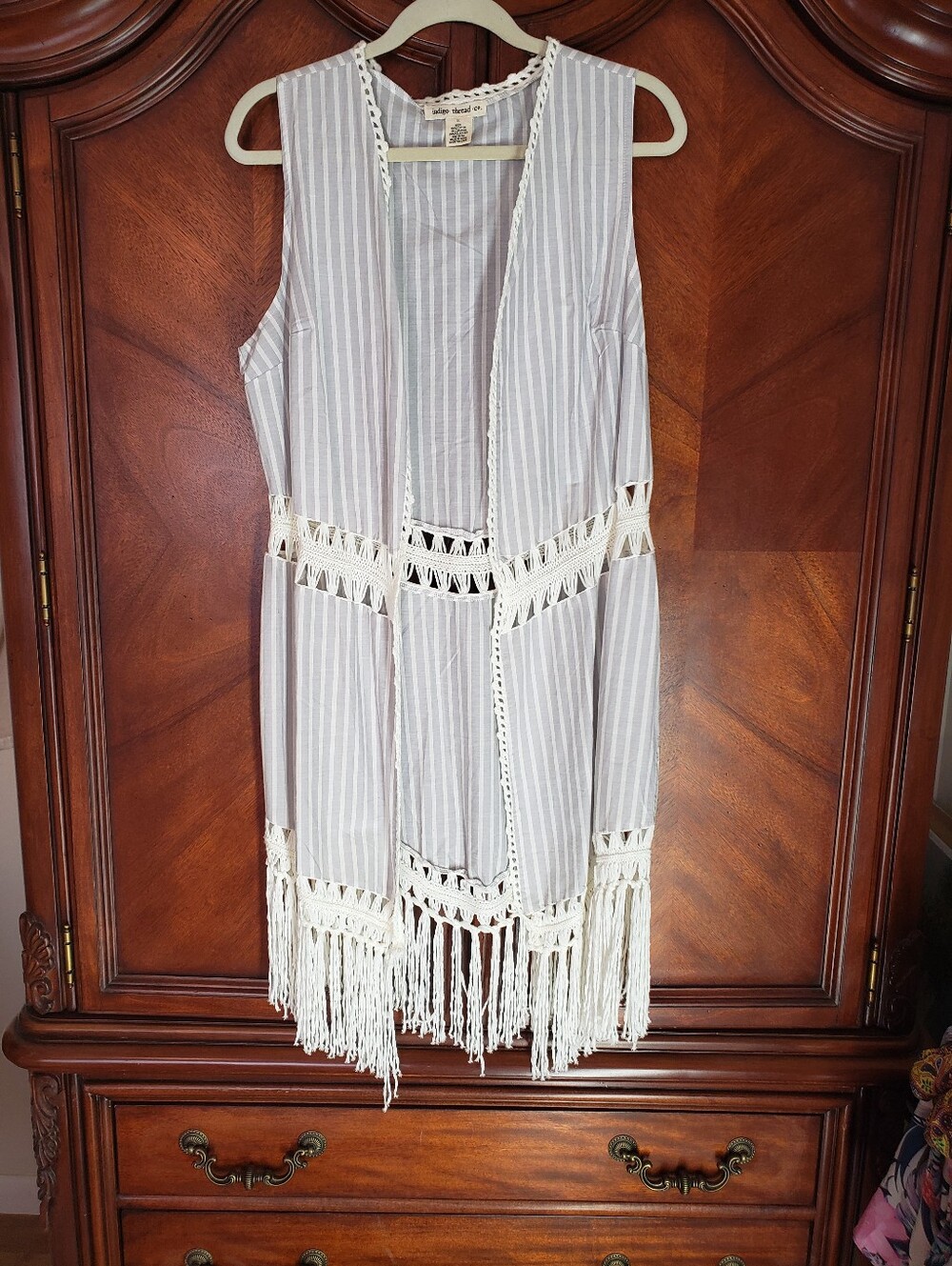 Indigo Thread Boho Fringe Striped Knit Vest In Cream and Light Gray